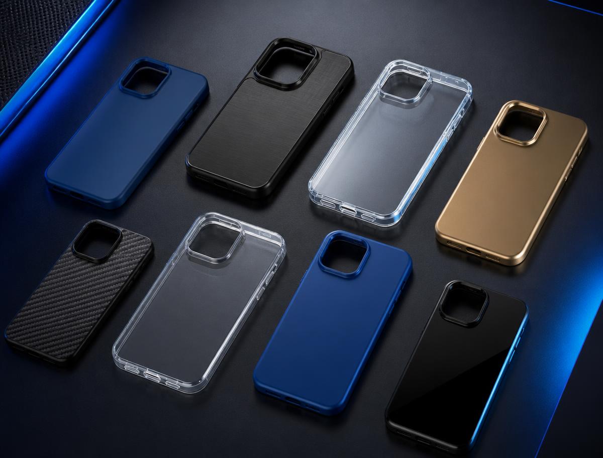 Coleção de capinhas de celular em azul, preto, dourado e transparente