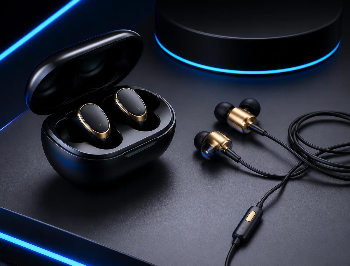Fones de ouvido sem fio no estojo de carga e modelo com fio